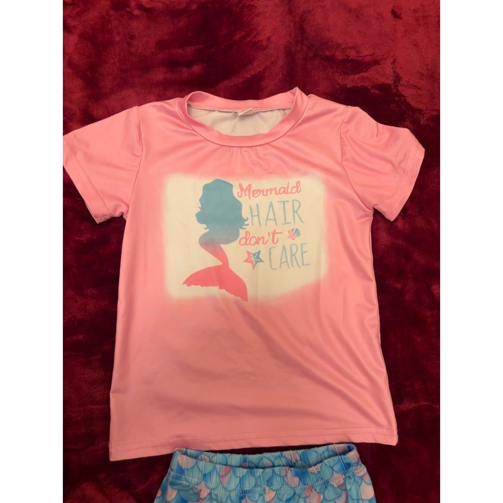 Girls Mermaid Hair Don't Care Pink Graphic Tee and Blue Scale Bell Bottom Set 4 - Picture 3 of 4